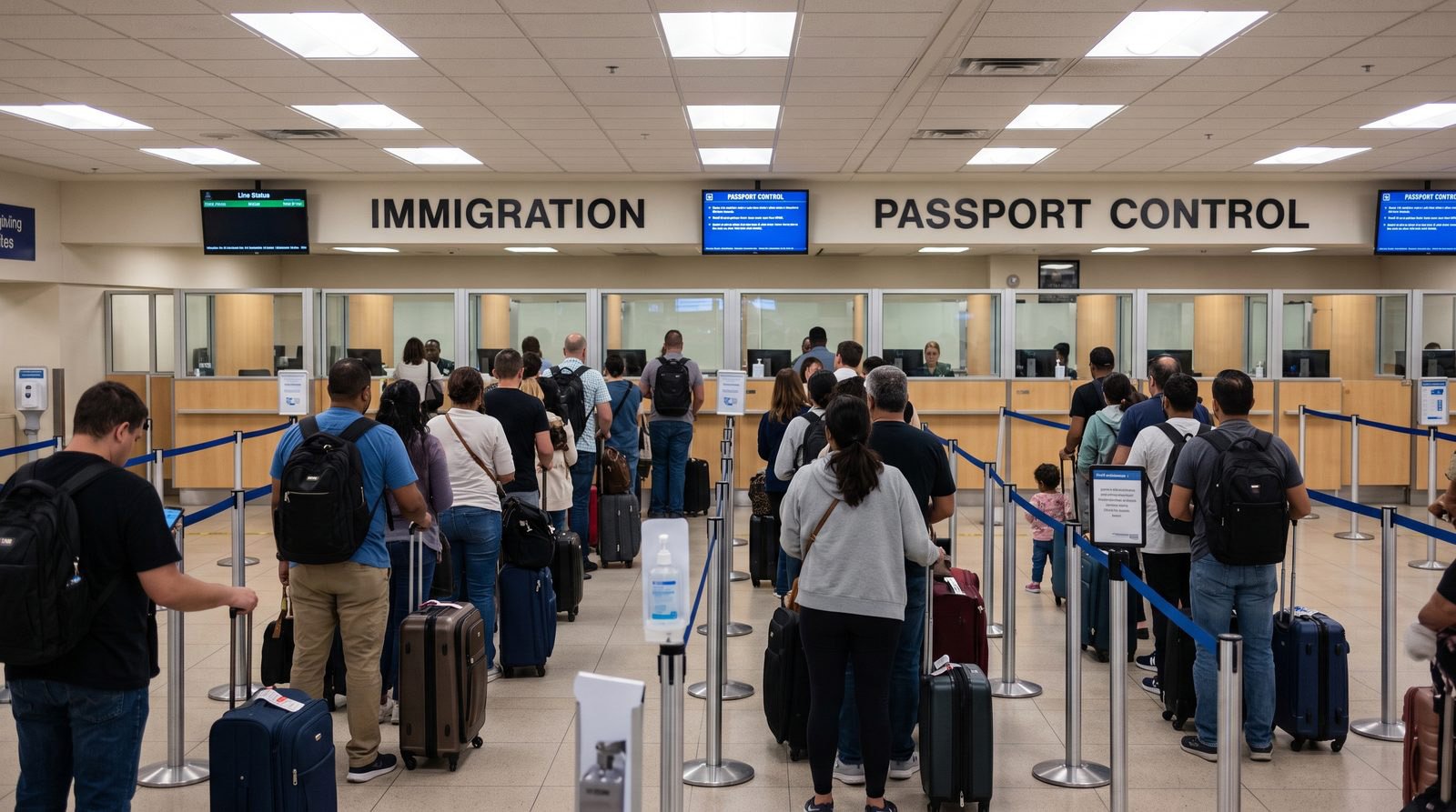미국 공항 입국심사대 앞에 줄 선 여행자들