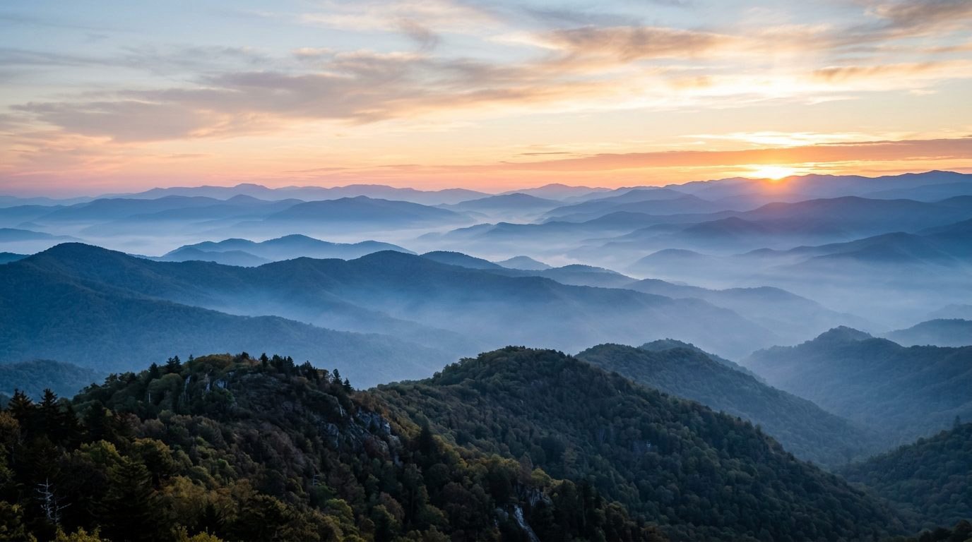 안개 낀 그레이트 스모키 마운틴 능선 전경